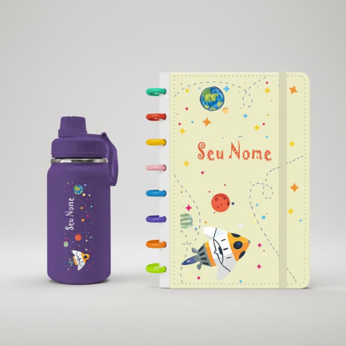 Kit Caderno de Discos Personalizado A5 e Garrafa Fresh Térmica 350ml  - Kit Meu Universo