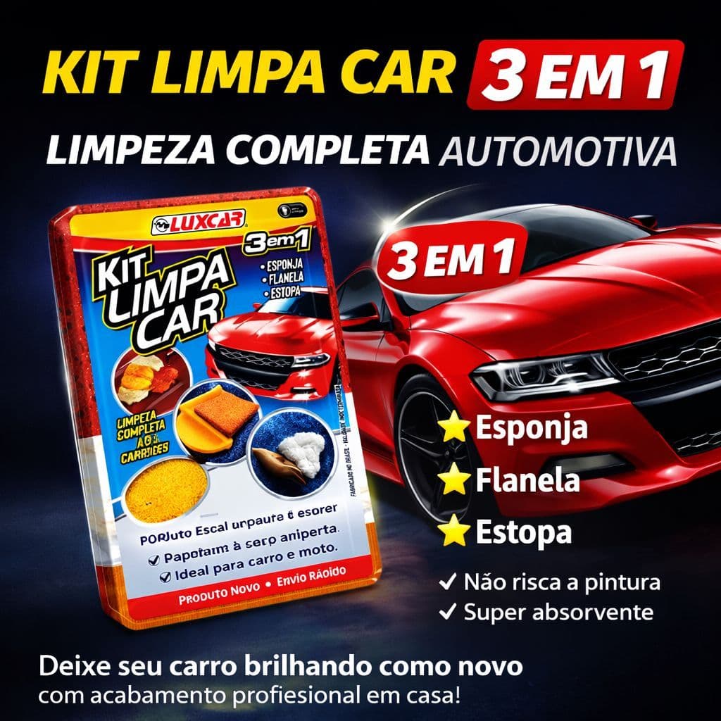 Limpa Carro 3 em 1 – Flanela, Estopa e Esponja para Limpeza Automotiva