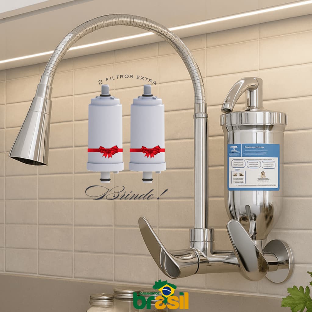 Torneira Filtro inox cozinha parade cromada 2 jatos flexivel gourmet + 2 Velas Extras carvao ativado