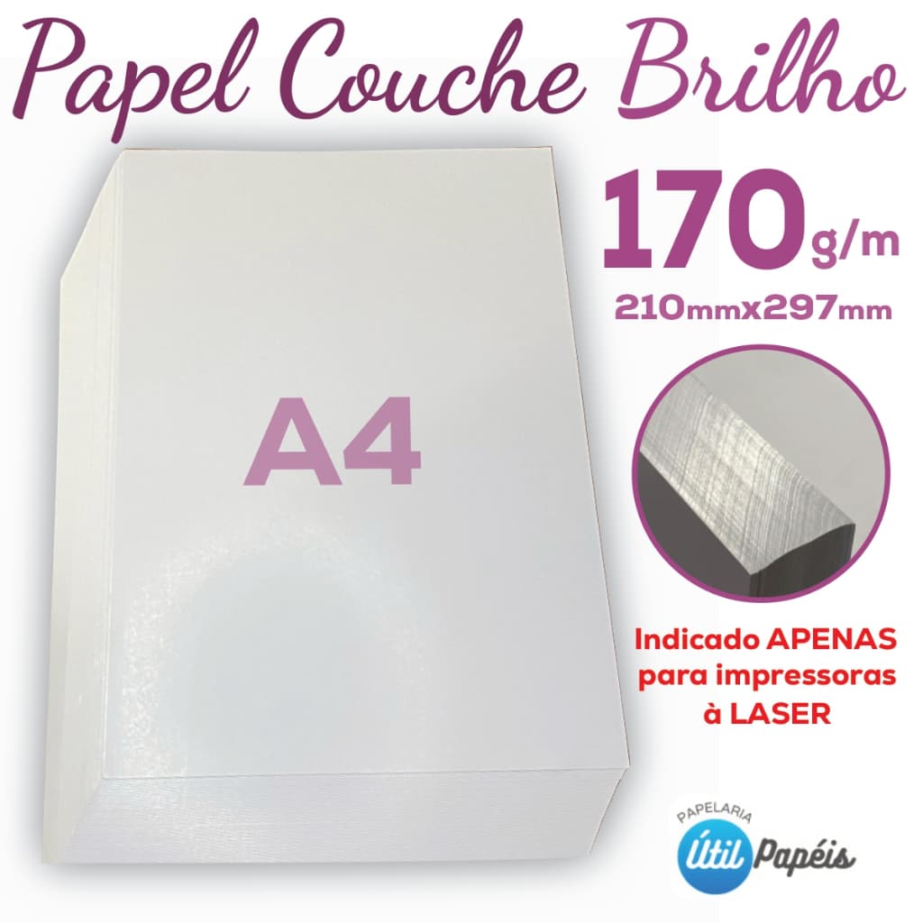Papel Couche Brilho 170g A4 Pacote com 50 folhas - 210x297mm Branco Liso Brilho P/ Impressora Laser