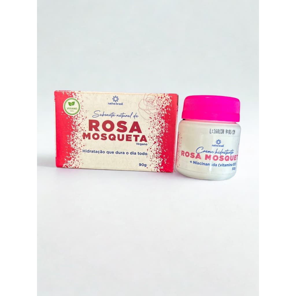 Kit Rosa Mosqueta Creme Hidratante + Sabonete Vegano Clareador com Niacinamida   Hidratação Profunda