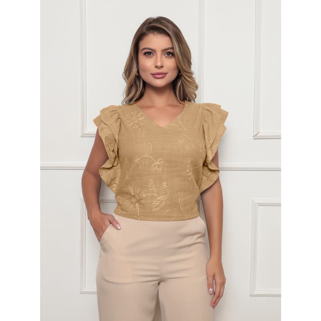 ALETHEIA - BLUSA FEMININA ELEGANTE BORDADA MANGA BABADO DECOTE V TECIDO 100% ALGODÃO MODA EVANGÉLICA