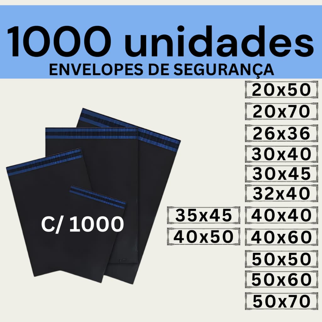 Kit 1000 Envelopes Segurança Embalagem De Envio 20x50 20x70 26x36 30x40 30x45 32x40 35x45 40x40 40x50 40x60 50x50 50x60