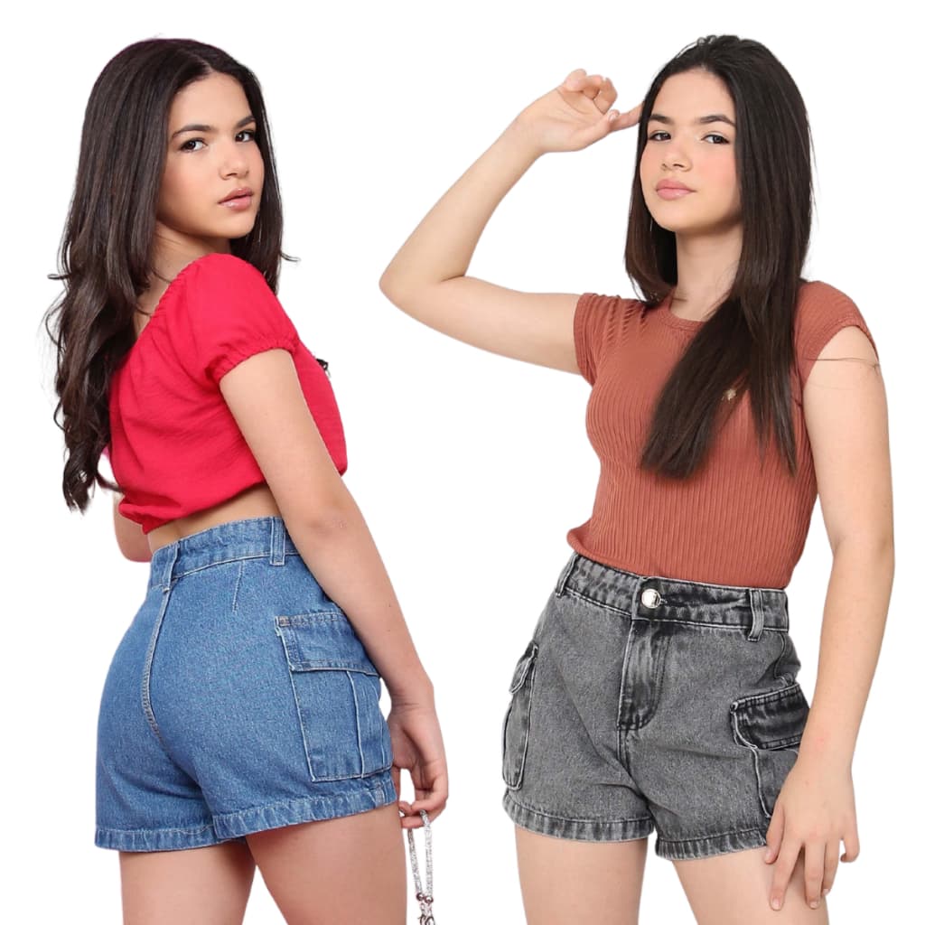 Kit 2 shorts cargo jeans infantil juvenil menina 10 ao 16