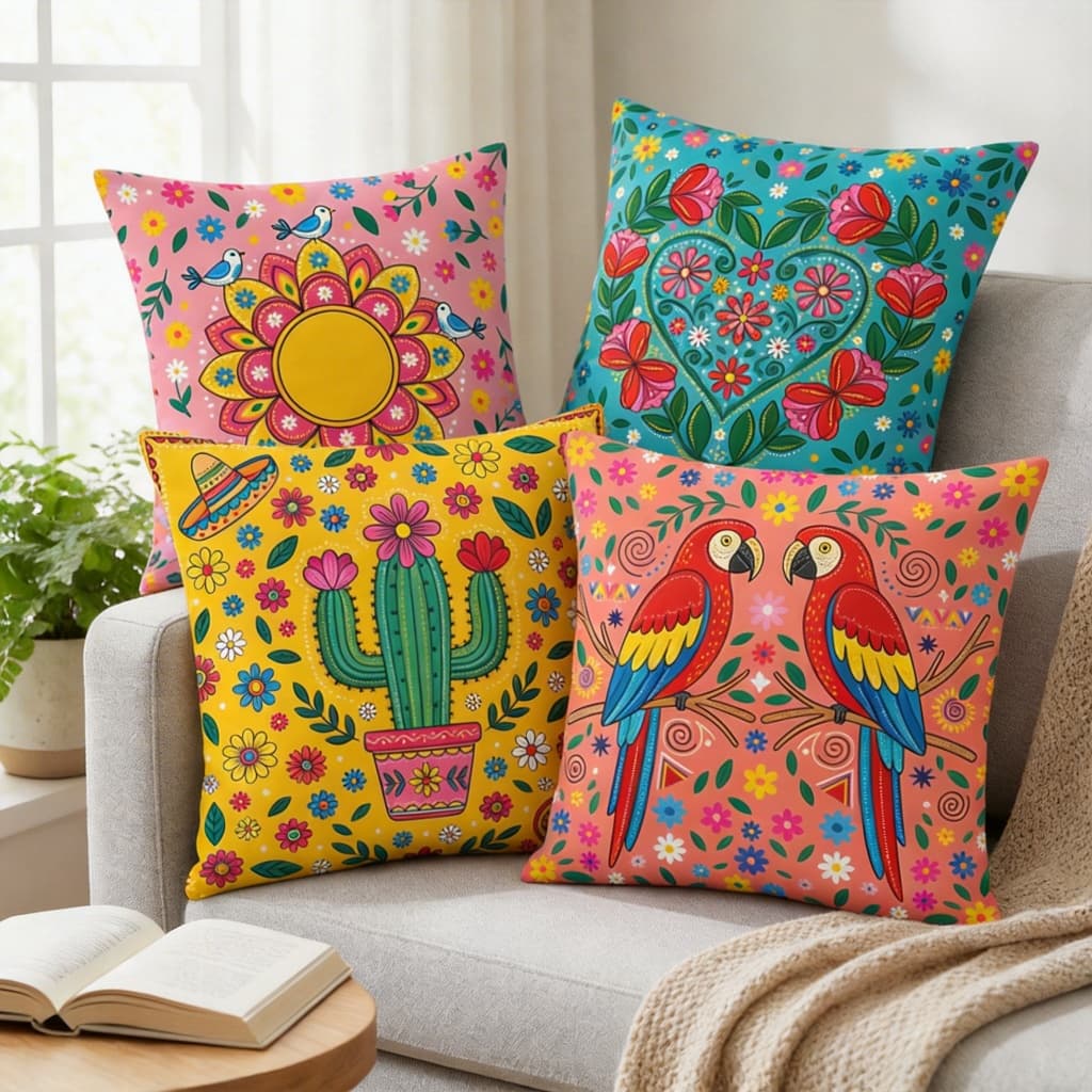 KIT 4 CAPA DE ALMOFADA 45x45 - COLEÇÃO ARTISTICA MEXICANA VERSÃO 2 ESTAMPA PREMIUM EXCLUSIVA