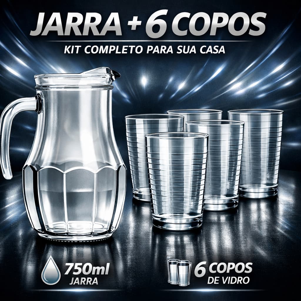 Kit Jogo 6 Copos Com Jarra Vidro Água Refrigerante