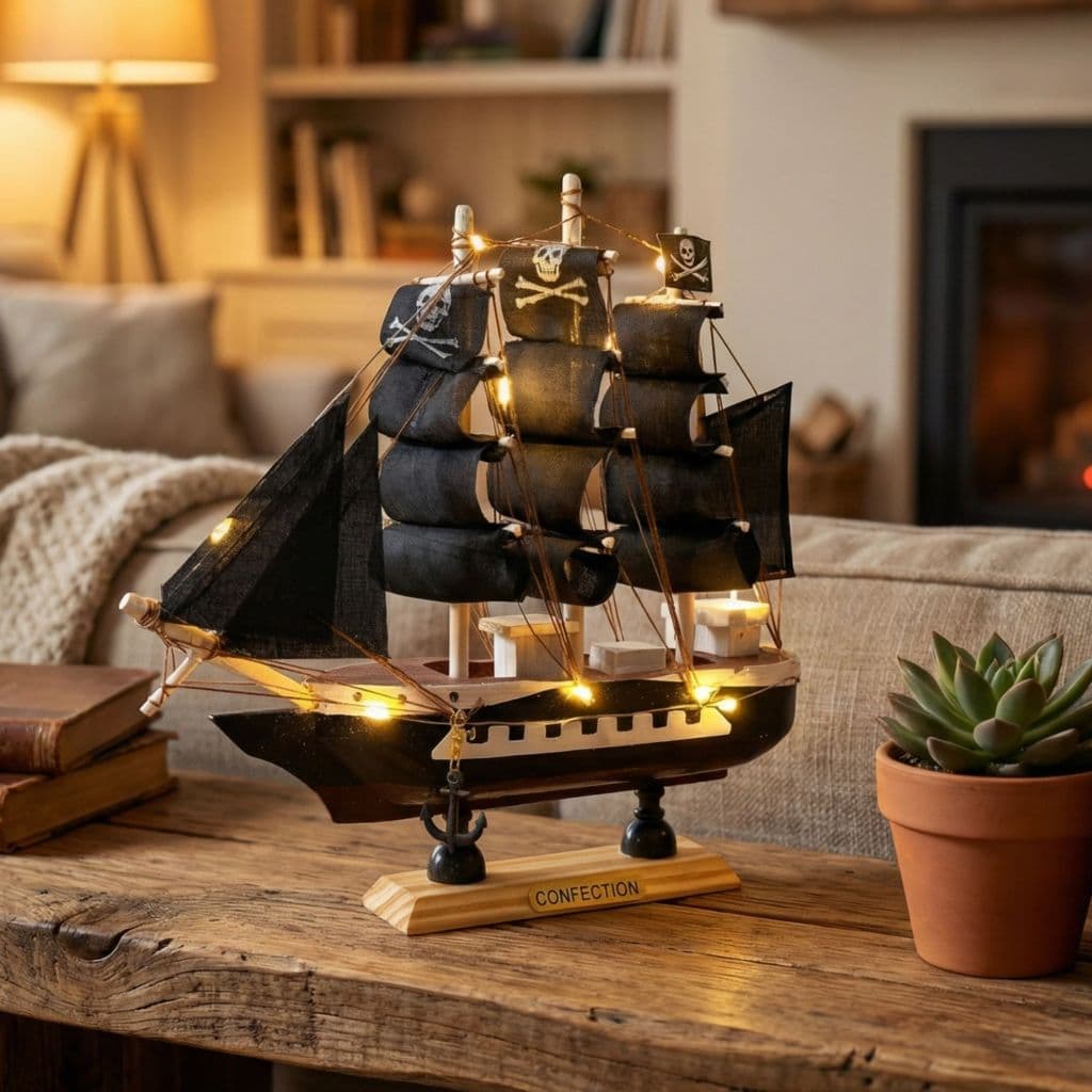 Miniaturas barco pirata preto 20cm led grande veleiro escritório criança brinquedo madeira artesanal veleiro decoração