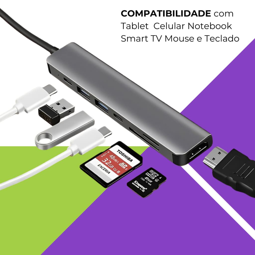 Hub 7 Em 1 Tipo-C HDTV 4K USB Adaptador Multifuncional Notebook Macbook Tablet Celular