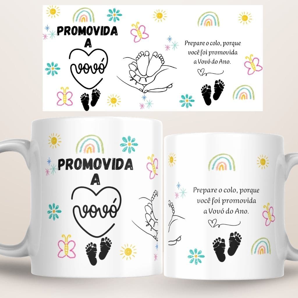 KIT caneca personalizada  promovida a vovó  + chaveiro fio de malha + caixa presente vovó xícara