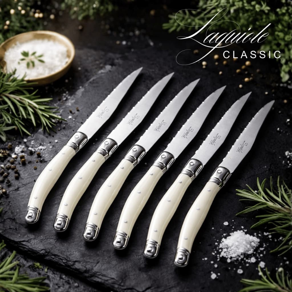 Conjunto De Facas Laguiole Kit 6 Peças De Luxo Cozinha Acabamento Aço Inox Premium Marfim Presente