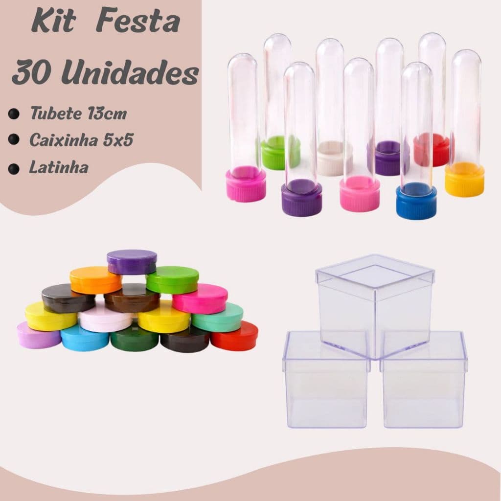 Kit Festa 30 Unidades Caixinha Acrílica 5x5 Tubete 13cm Latinha Lembrancinha Aniversário Decoração