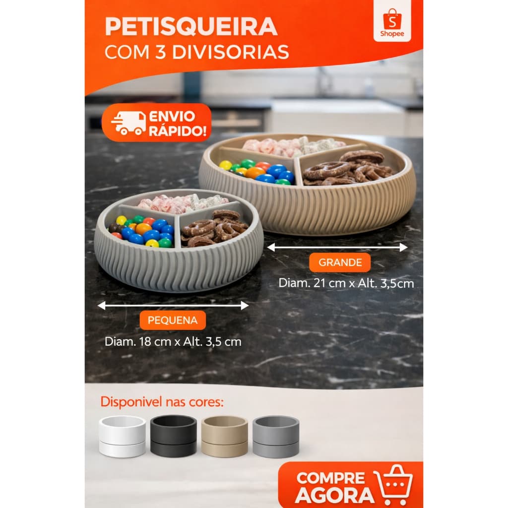 Petisqueira Redonda Elegante com 3 Divisórias - Petisqueira Canelada - Petisqueira Redonda - Pequena  e Grande