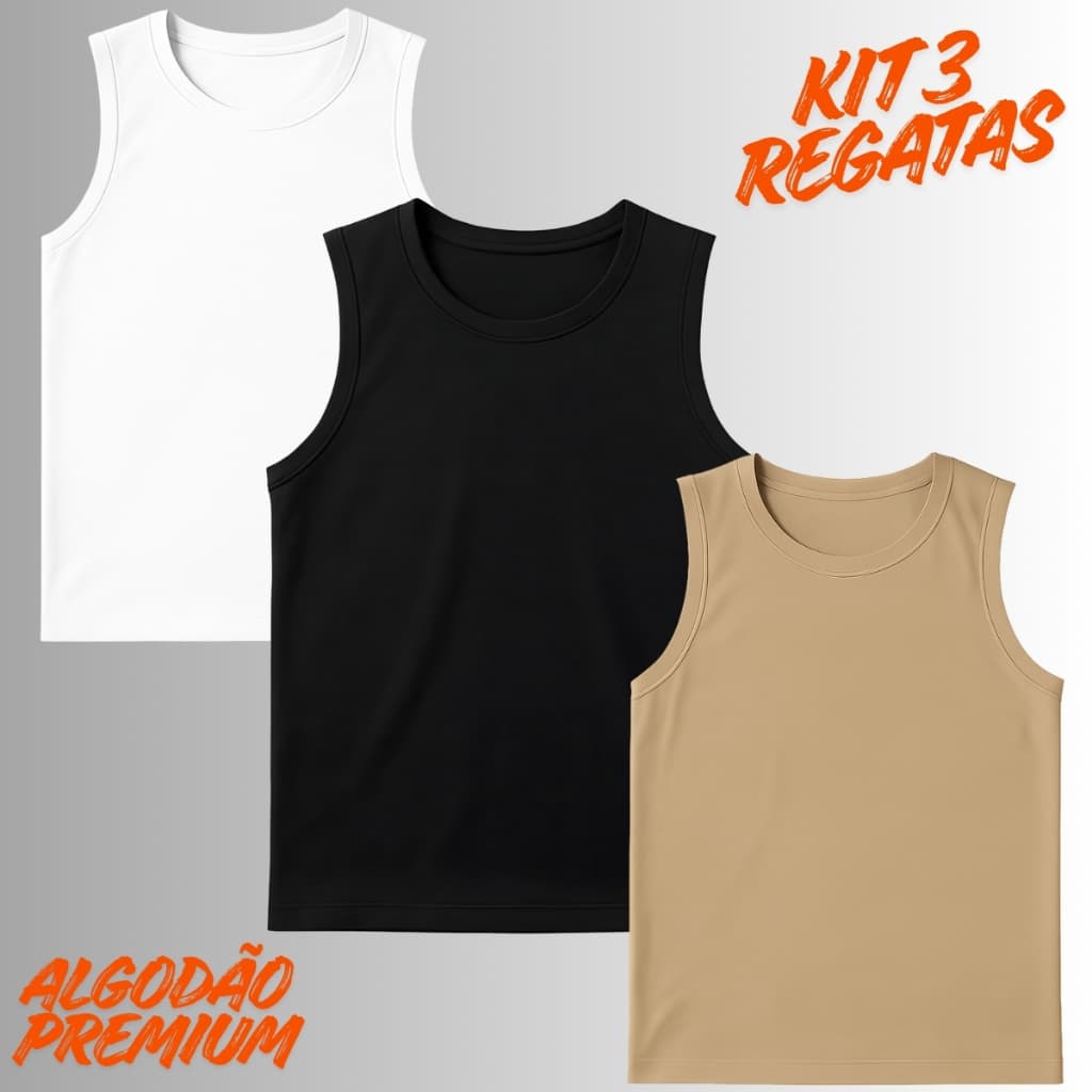 kit 3 Regatas Masculina Cavada Lisa Algodão Varias Cores Leve e Confortavel - DIRETO DA FABRICA