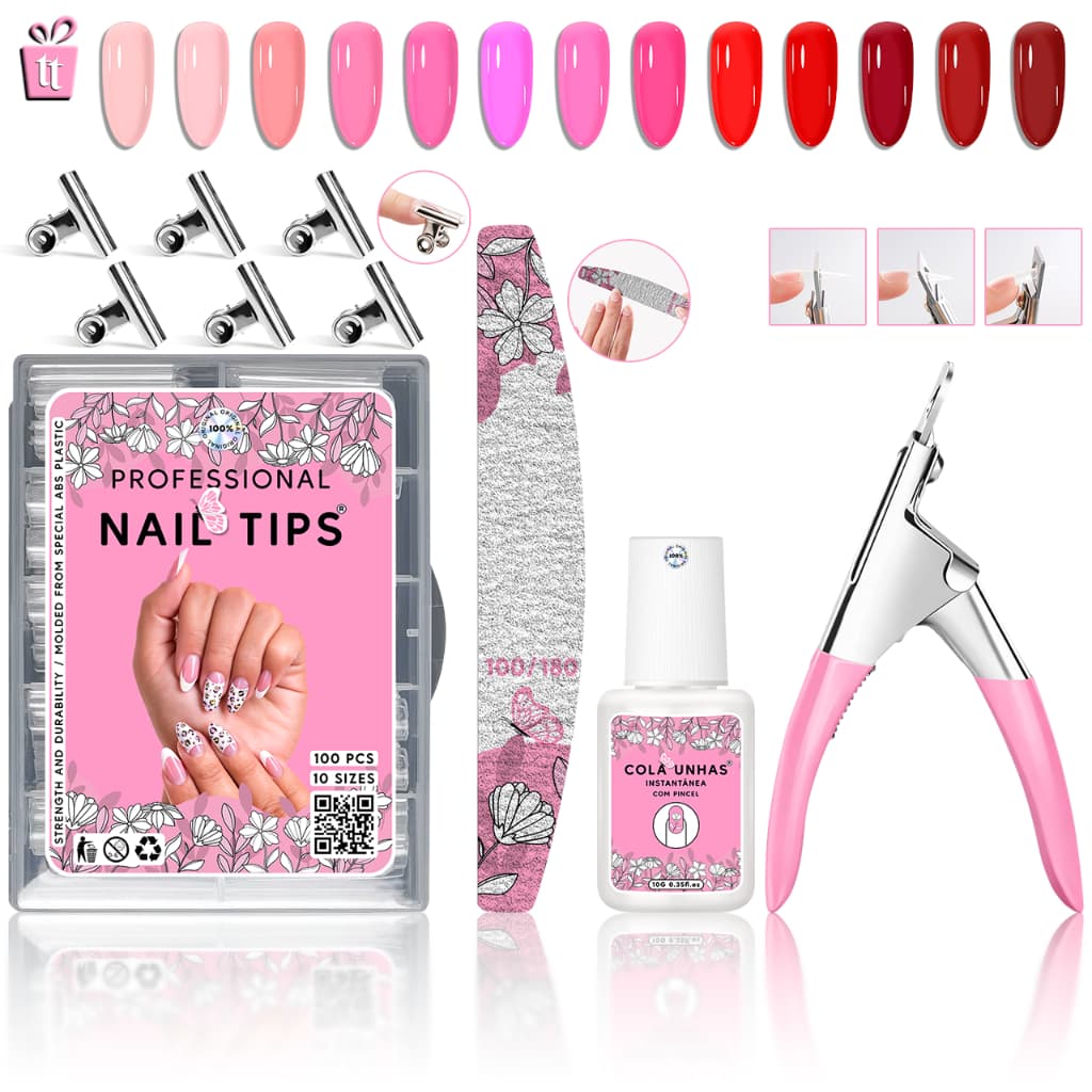Kit Alongamento De Unhas Com 100 Tips + Alicate Cortador De Tips + Cola Pincel + Lixa De Unha 100 180
