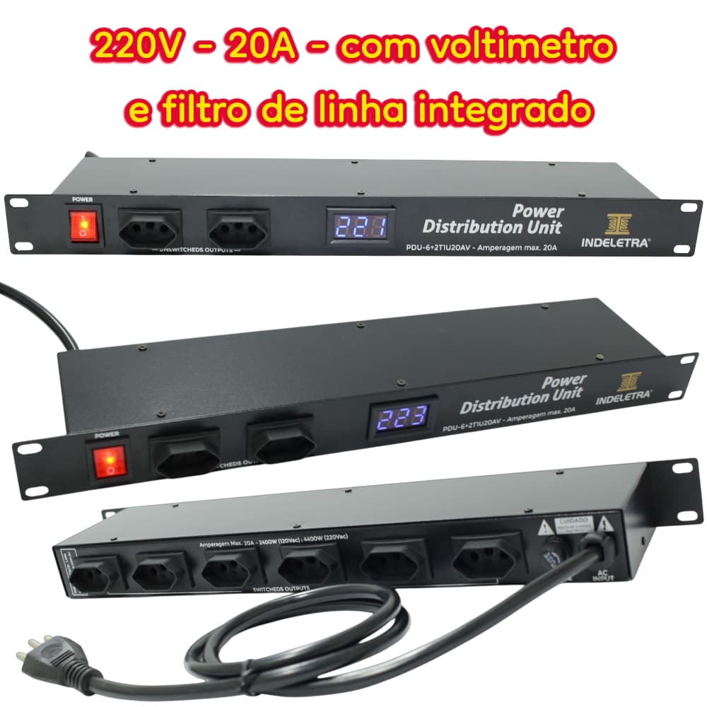 PDU+FLT - UNIDADE DE DISTRIB. DE ENERGIA C/ FILTRO DE LINHA COM VOLTIMETRO 20A 220V
