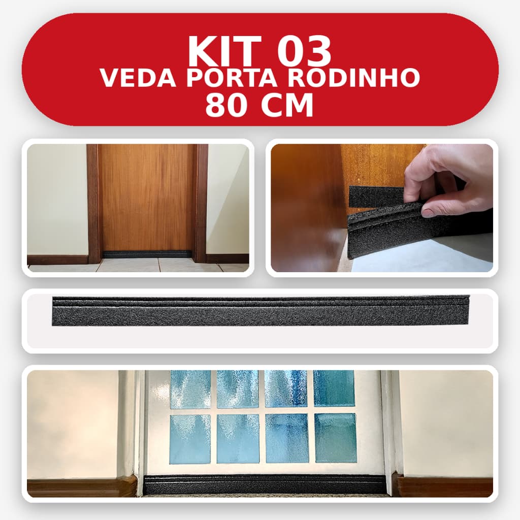 Kit 3 Veda Porta Rodinho 80cm – Preto | Velcro Adesivo / Contra Poeira, Insetos e Vento - Bemprat
