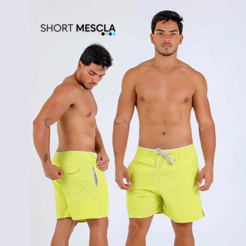 Short Mescla Elastano Recorte Lateral Fenda Bolsos Liso Verde Neon Mauricinho Passeio Verão Praia