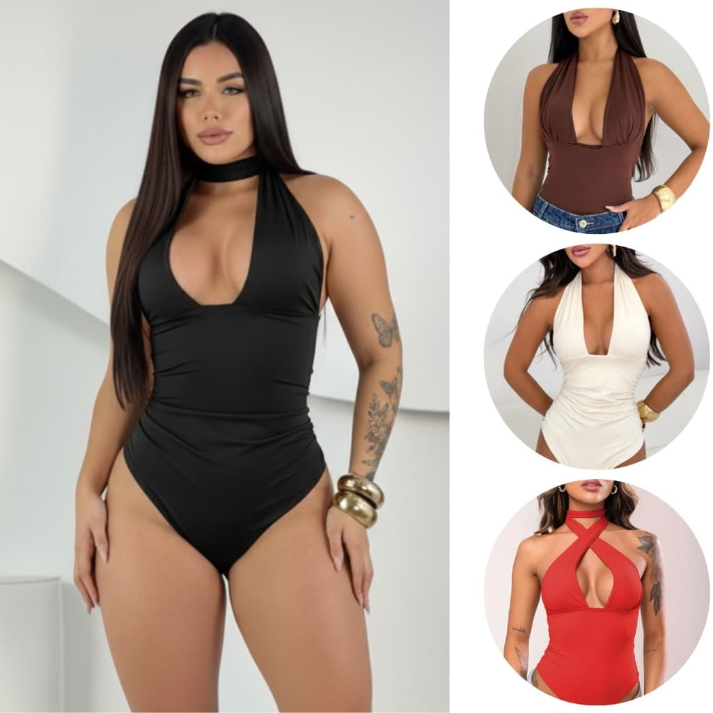 Body Amarração Feminino Multiformas Decote Costa Nua Aberta Amarrar no Pescoço Moda Gringa