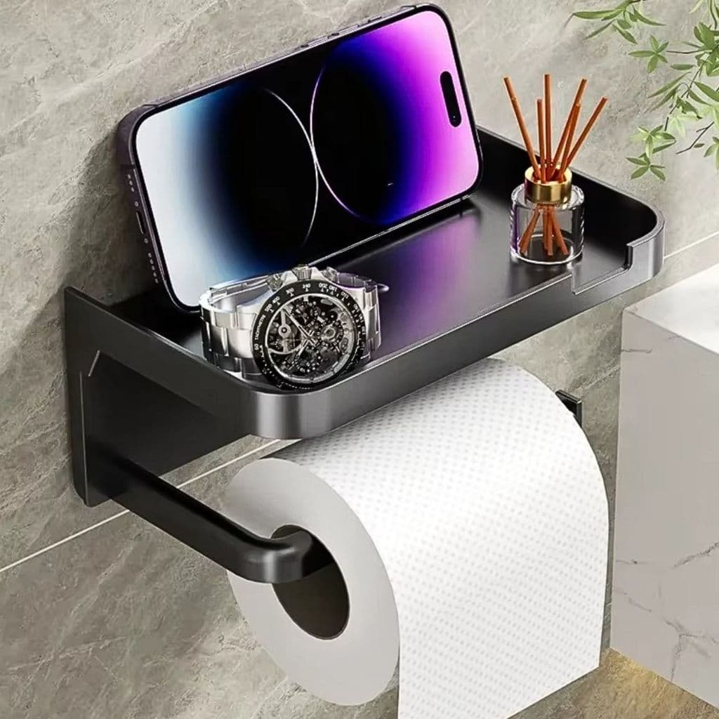 Suporte Porta Papel Higiênico Premium Apoio Para Celular de Banheiro Fixo na Parede Sem Furos