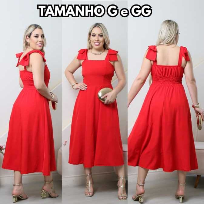 Vestido midi feminino confortavel Laço no Ombro ElasteX nas Costas elegante social casual festa