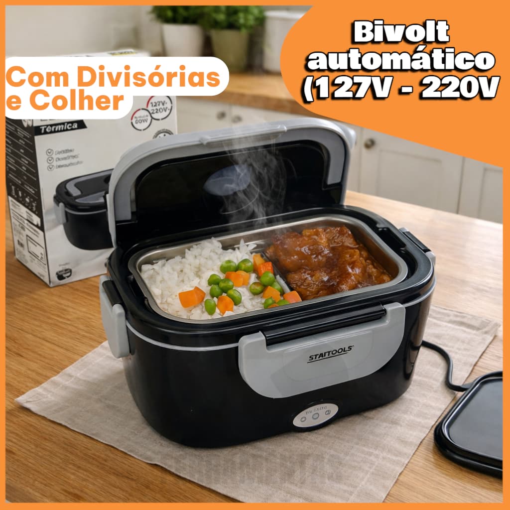Marmiteira Elétrica Térmica Bivolt 127-220V com Compartimentos e Colher 1,5L Preta Veicular