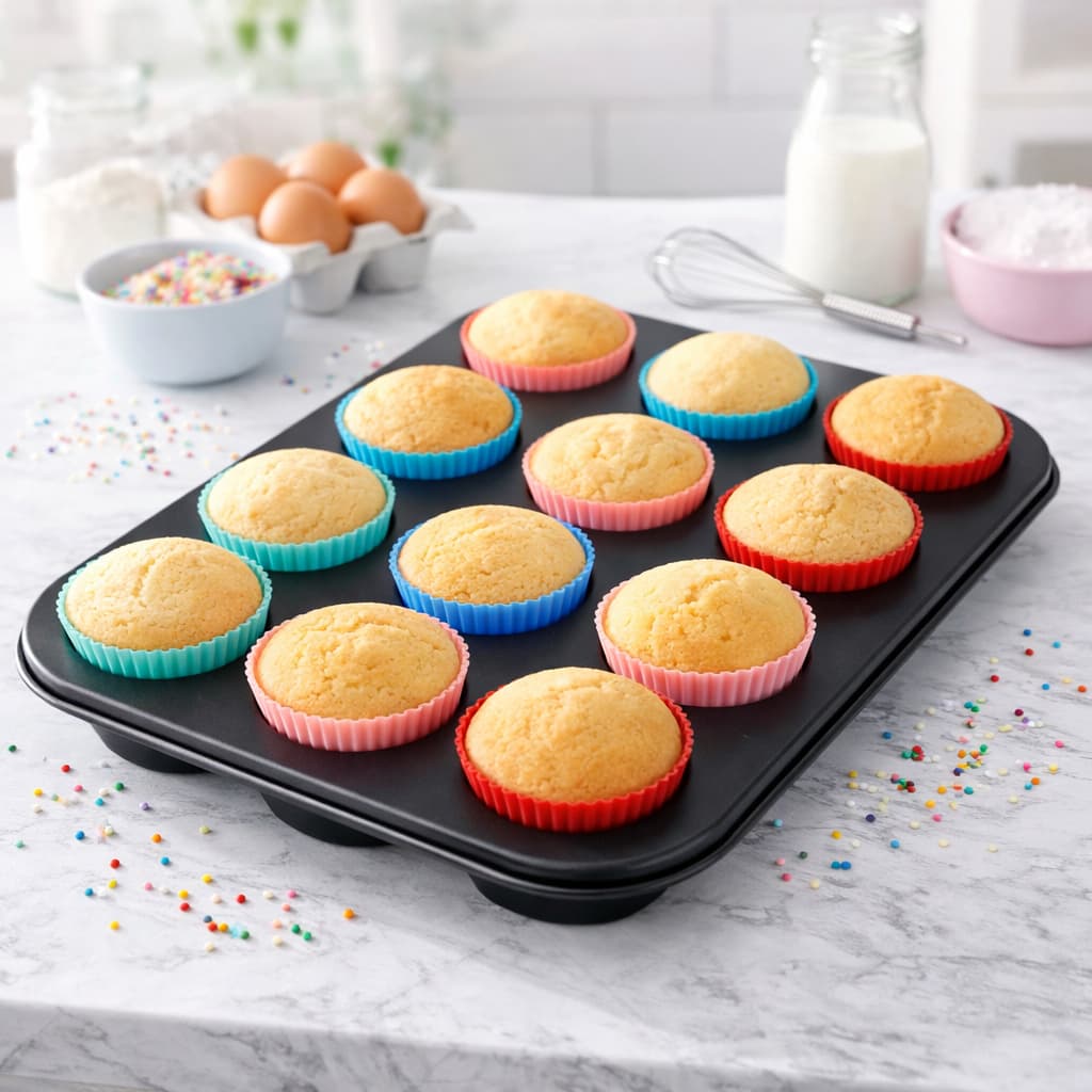 Kit Forma Assadeira P/ Cupcake 12 Cavidades +12 forminhas Silicone Antiaderente 6 cm Forma Para Muffin, Doces e Salgados