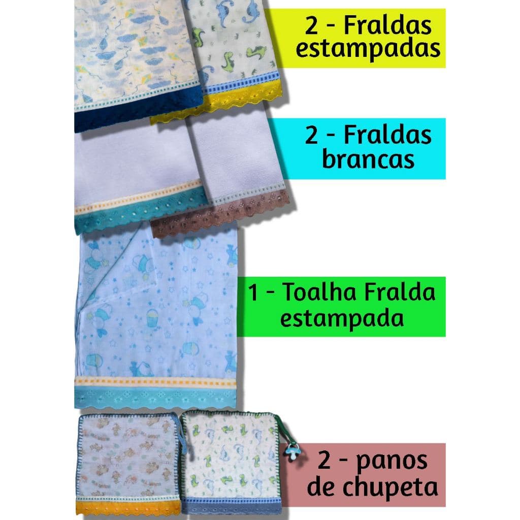 Kit 2 fraldas estampadas 2 fraldas brancas 1 toalha fralda e 2 panos de chupeta