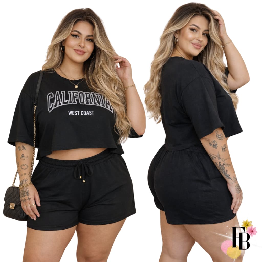 Conjunto Feminino Do 38 ao 54 Plus Size Cropped e Short Cintura Alta 100% Algodão Premium Estiloso