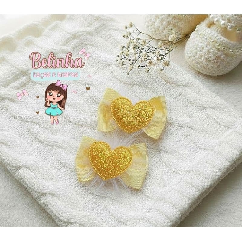 Parzinho de Laço Infantil Coração | Laço Amarelo Luxo para Bebê e Menina | Acessório Temático Festa e Foto