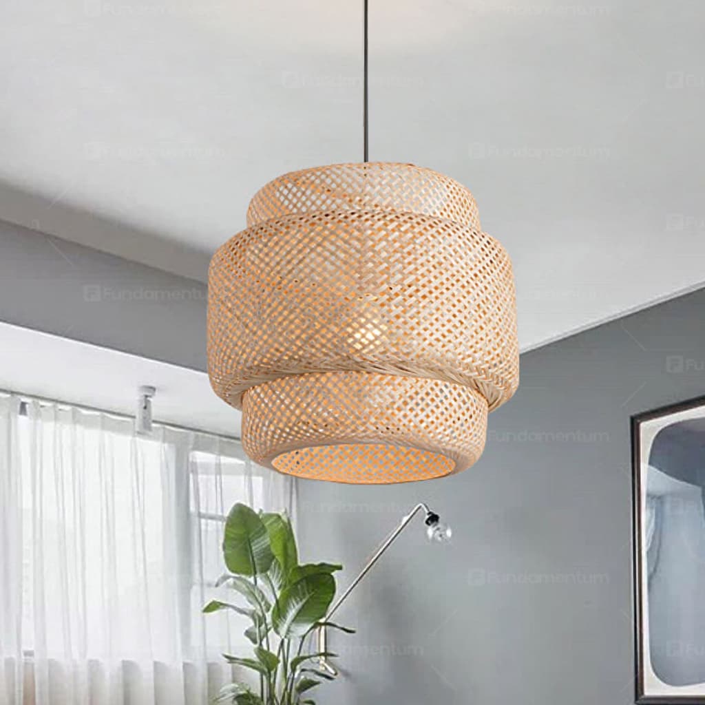 Luminária de Teto 35cm Lustre Pendente Bambu Cayman Mini Rústico Sala Cozinha Bancada Fibra Natural