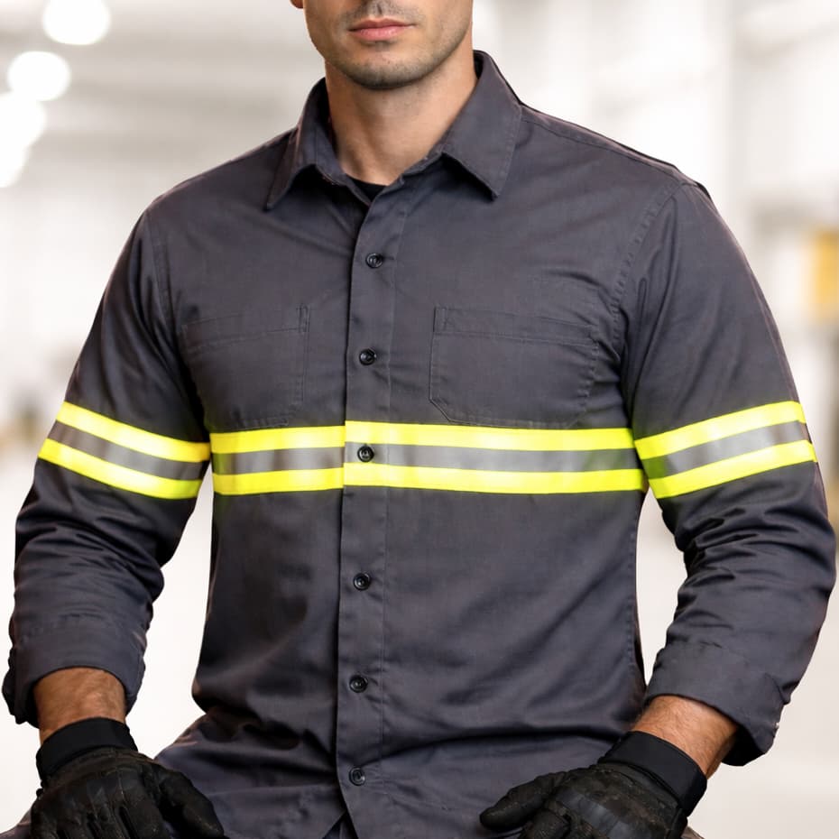 Camisa Brim Aberta Botão Faixa Refletiva Manga Longa Resistente Confotável Eletricista Servente Obra
