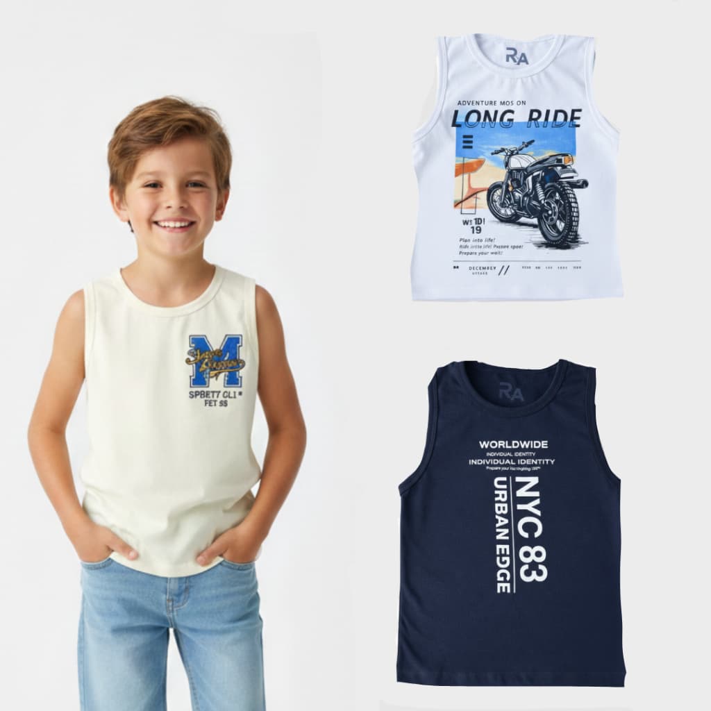 Kit 3 Regatas Infantil Masculina Menino Estampada 100% Algodão Camiseta Sem Manga Verão Tam 4 ao 12