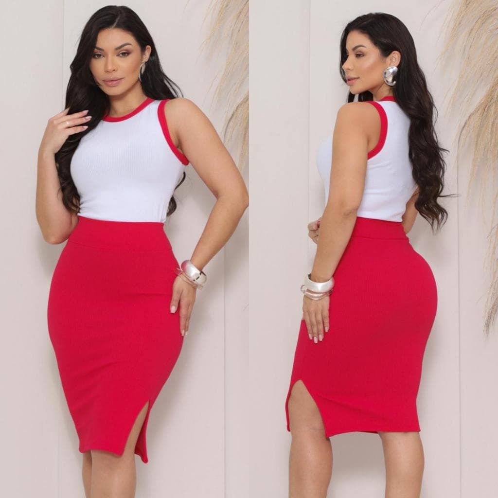 Conjunto Feminino Casual Saia Midi Cintura Alta Com Fenda e Blusa Regata Alça Larga Canelado Premium  Envio Rápido