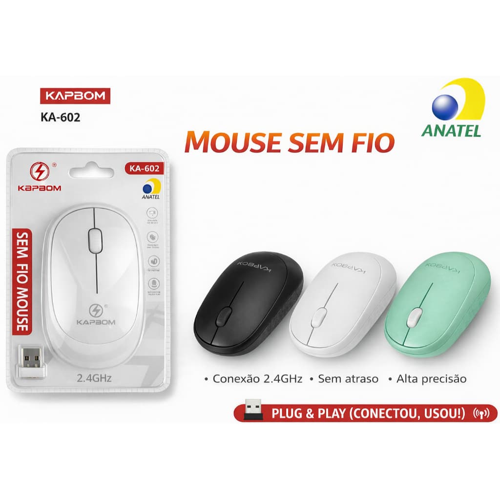 Mouse Sem Fio Kapbom KA-602 Wireless USB 2.4GHz Plug & Play Óptico Ergonômico Anatel
