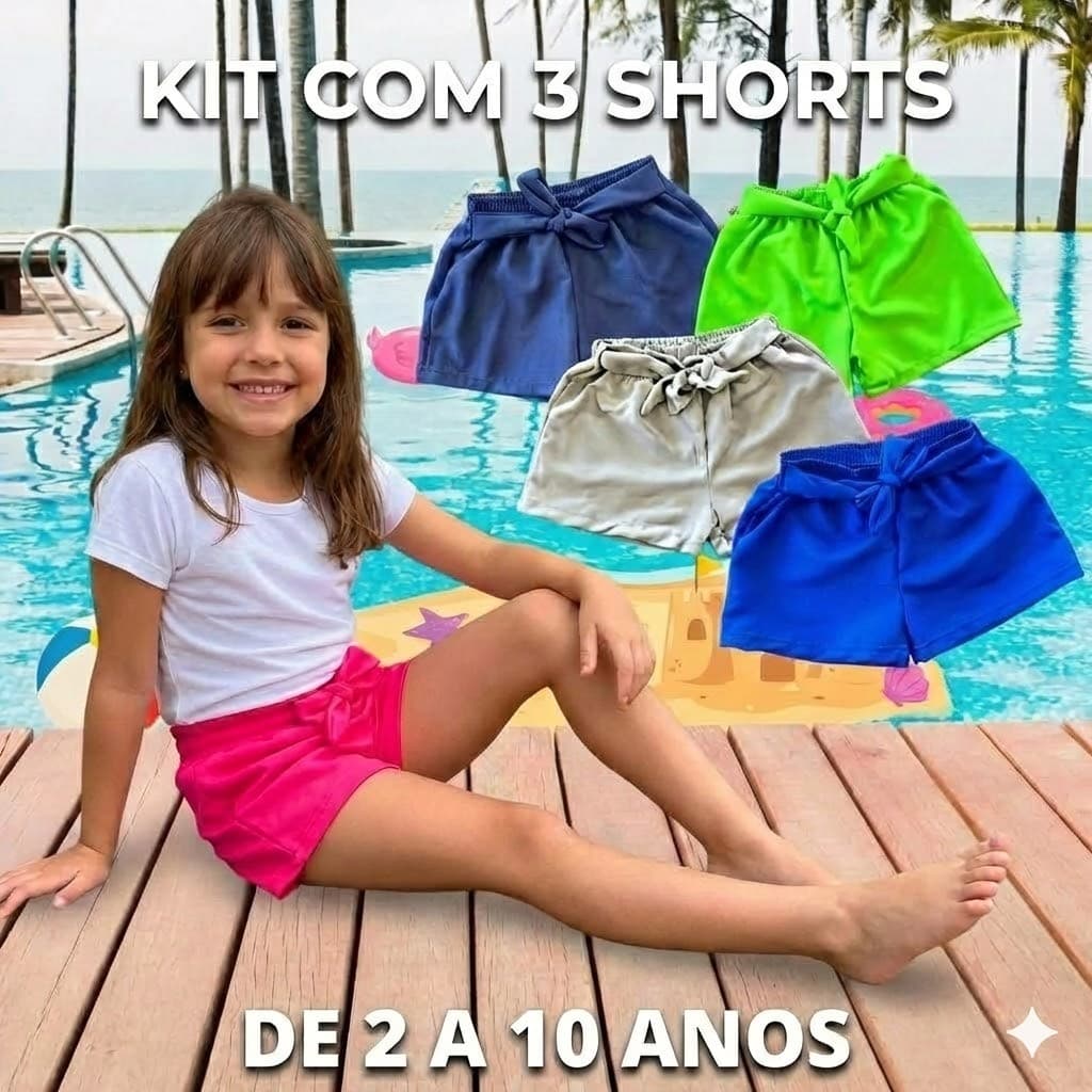 Kit 3 Shorts Menina Infantil Tactel Verão Praia - 2 a 10 Anos