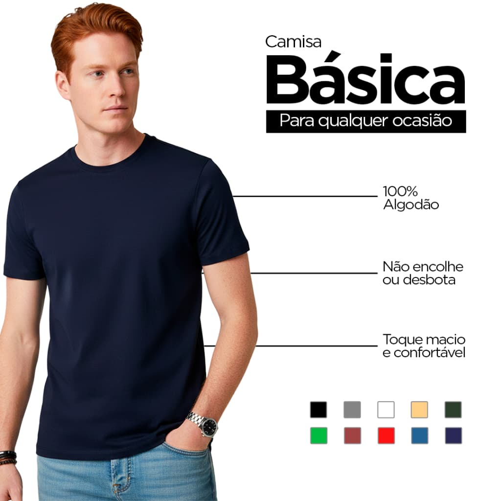Camiseta Azul Marinho Básica Masculina Lisa 100% Algodão Reforço Ombro a Ombro - Camiseta Masculina Unitário