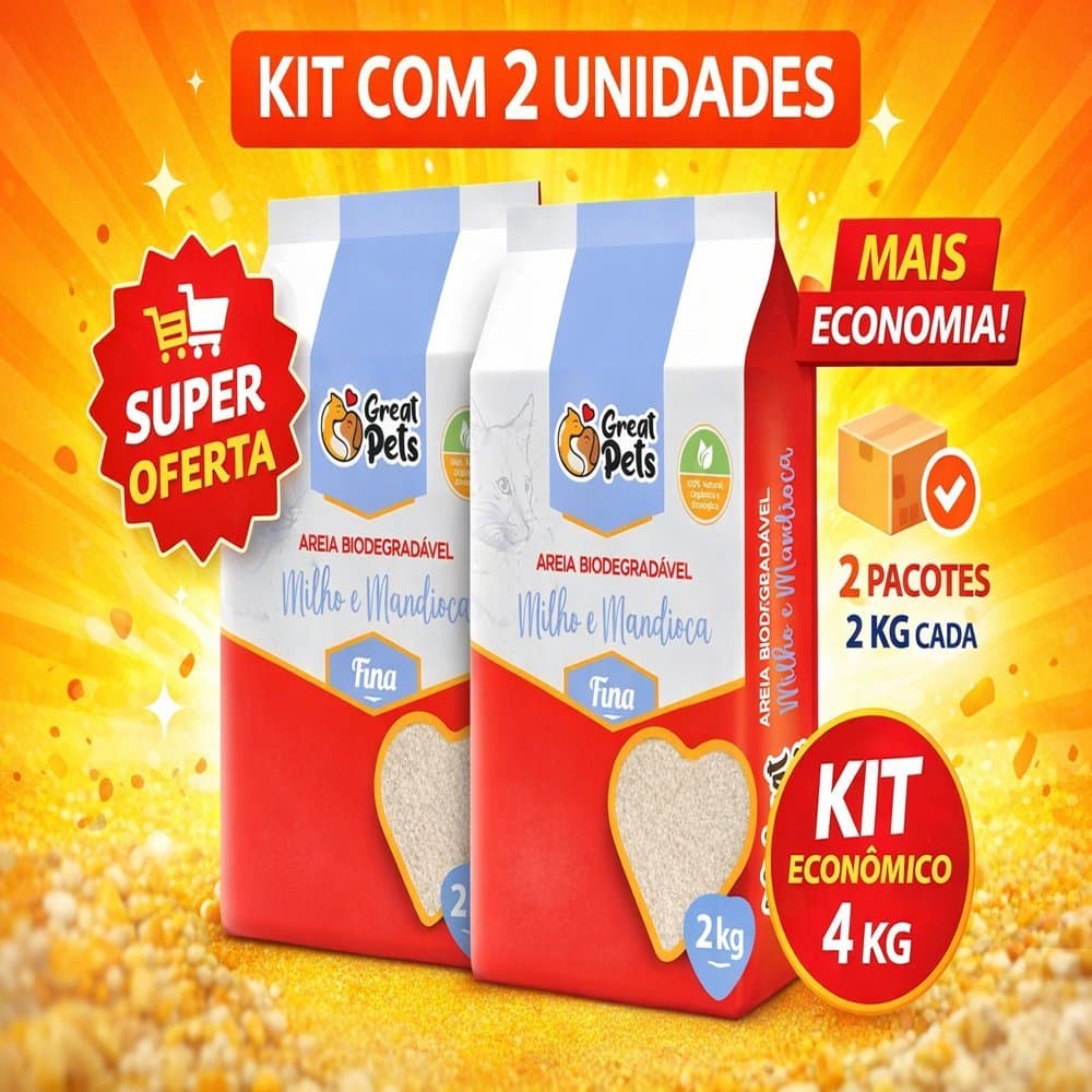 Areia Higiênica Great Pets Fina para gatos 2kg Biodegradável Milho e Mandioca Controle de Odor kit com 2 unidadaes.