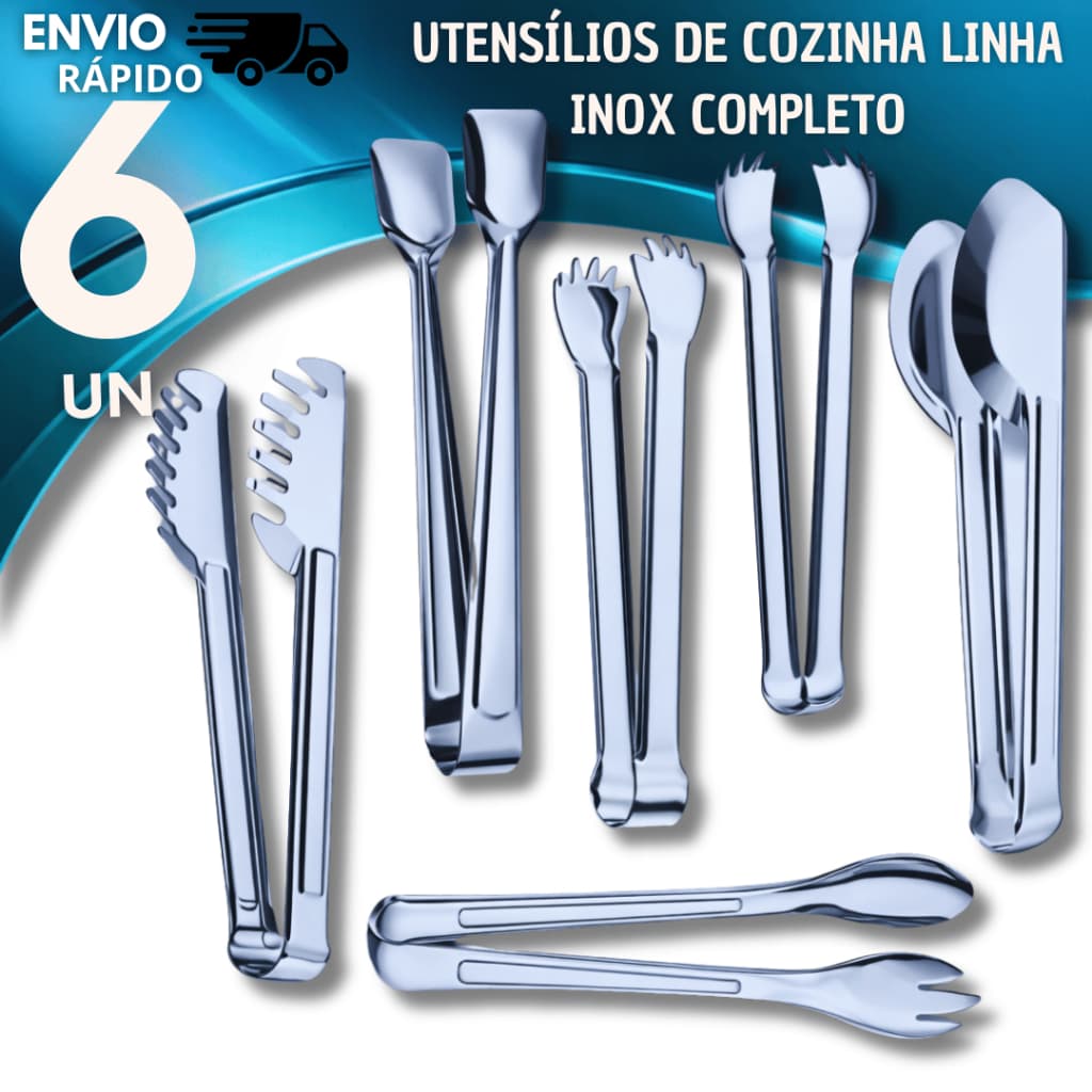 Kit 6 Pegadores Inox Utensílios Cozinha Pegador Massa, Salada, Frios, Carne, Gelo,Universal Pegador