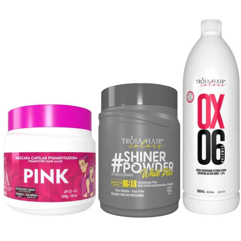 Pó Descolorante Premium 500g + OX 06 900ml + Troia Colors Pink 500g - Troia Hair