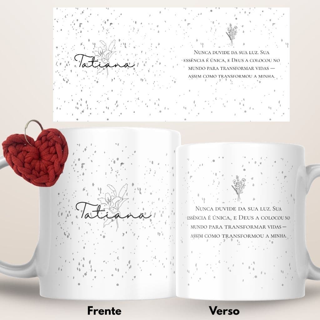 Caneca nome Personalizado Minimalista com frase + chaveiro fio de malha + caixa coração- Porcelana