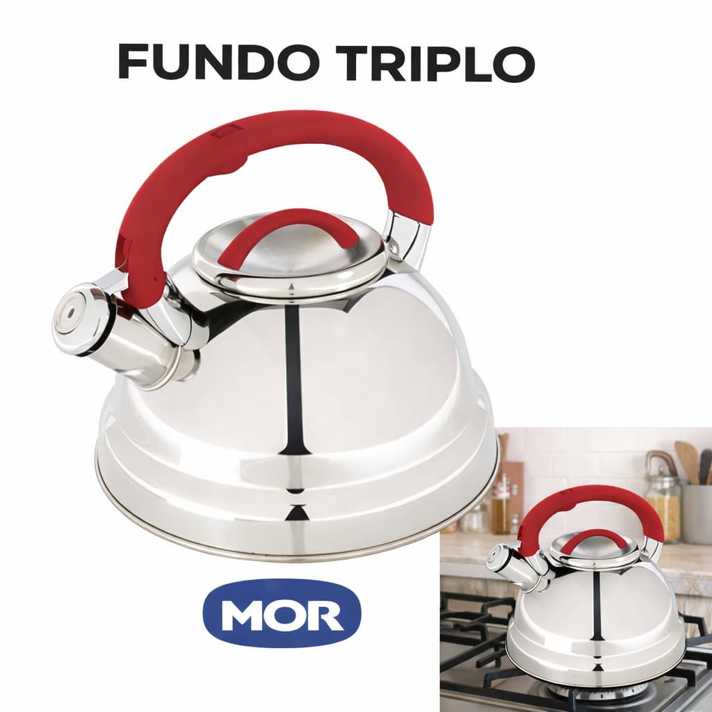Chaleira Inox 3 litros Fundo Triplo Diletta Vermelha Mor