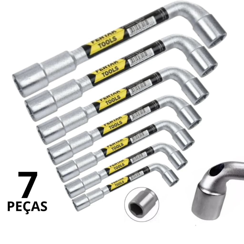 Jogo Chaves Biela 7 Pçs Tipo L Com Furo - 8/9/10/11/12/13/14mm - Kit Chaves Biela L Curta Profissional