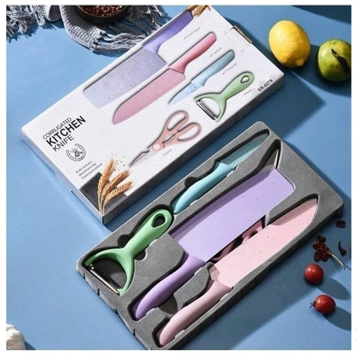 Kit facas de cozinha/Churrasco Profissional Antiaderente 6 Peças Preto/colorido