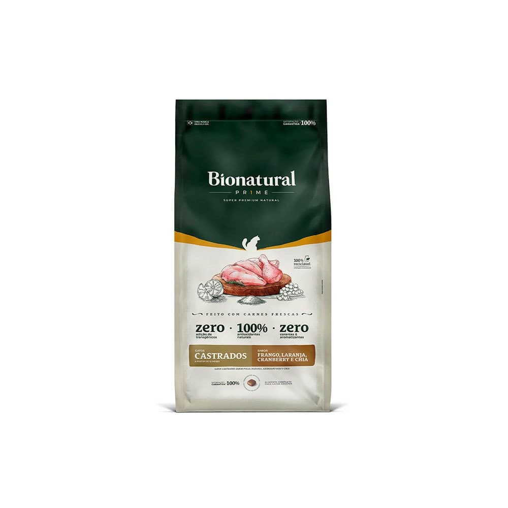 Gatos Castrados Sabor Frango e Laranja Raçao Para Gatos Feita Com CARNE FRESCA Bionatural - Raçao Super Premium