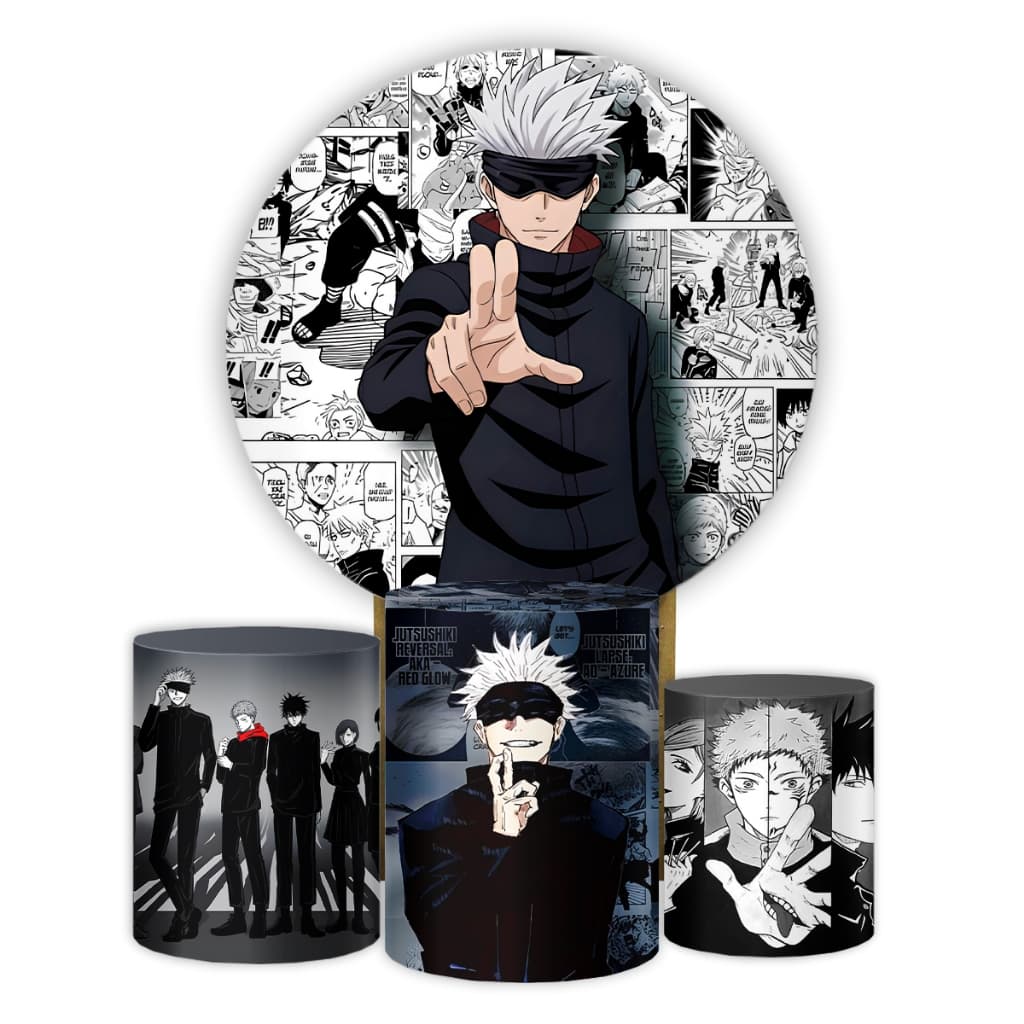 Capa Painel Redondo e Cilindros Decoração Festa Aniversário Anime Jujutsu Kaisen Veste Fácil