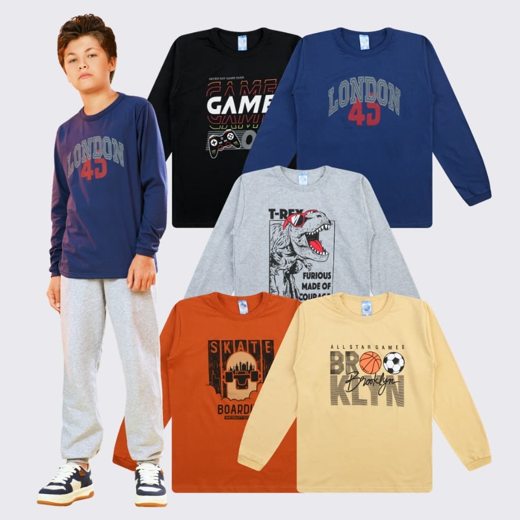Kit 5 Camisetas Manga Longa Juvenil Menino Algodão 10 Ao 16