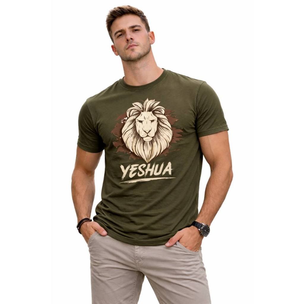 Camiseta Masculina Cristã YESHUA Leão de Judá 100% Algodão Premium Confortável Estilosa – Moda Gospel Casual Qualidade S