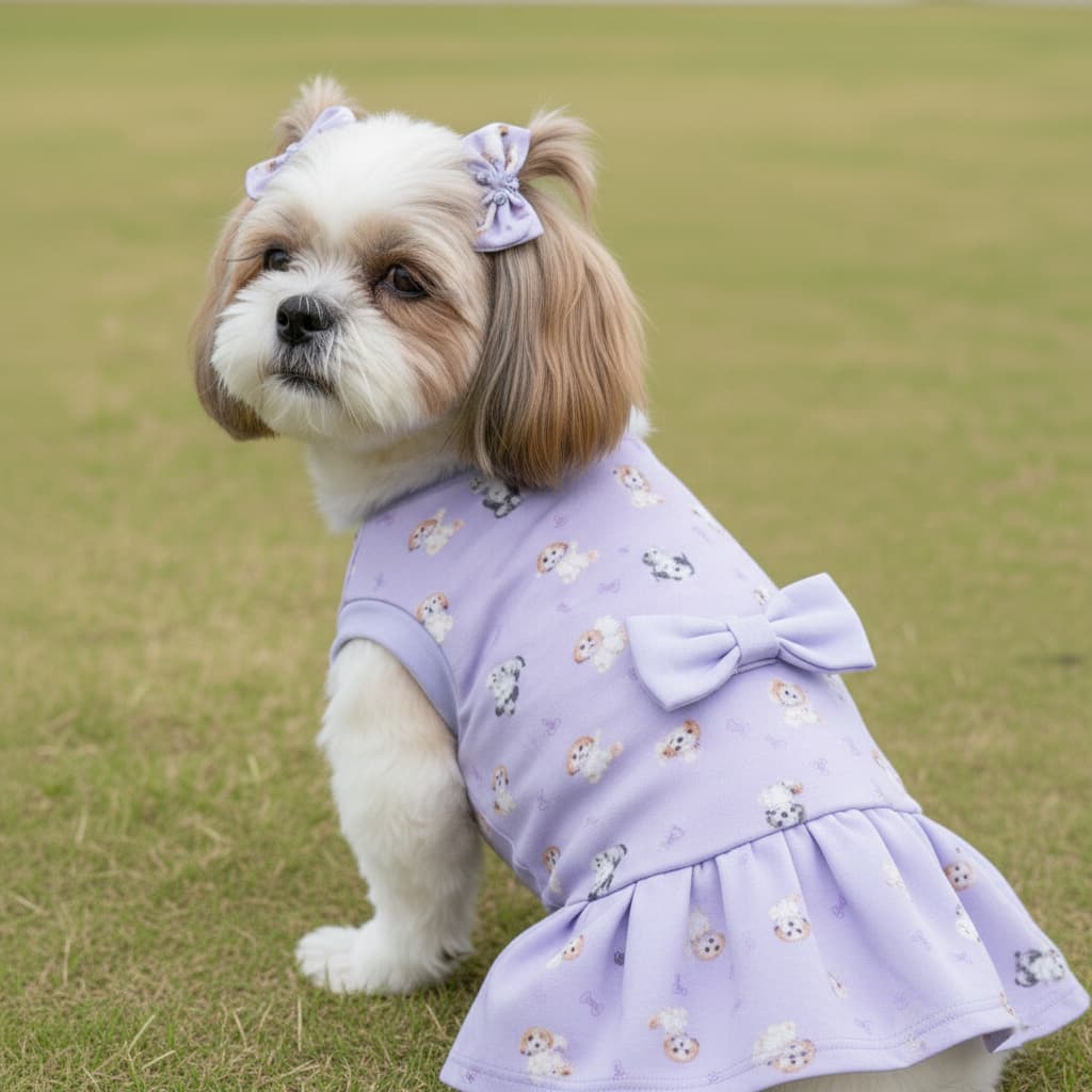 Vestido Pet Roxo Estampado com Laço Babado Roupa Luxo para Cachorra Fêmea Porte Pequeno Confortável