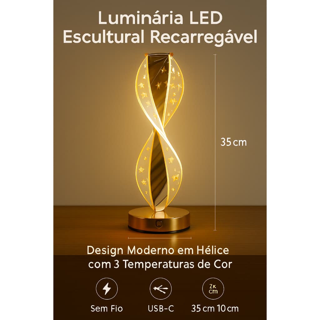 Luminária LED Escultural Recarregável – Design Moderno em Hélice com 3 Temperaturas de Cor (Quente, Neutro e Frio)