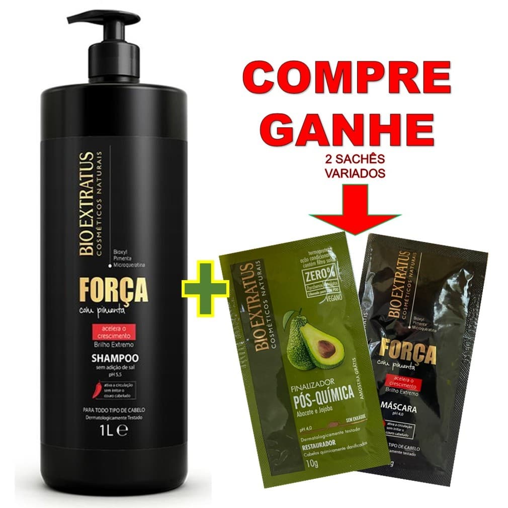SHAMPOO FORÇA COM PIMENTA 1L BIO EXTRATUS + BRINDE 3 SACHÊS VARIADOS